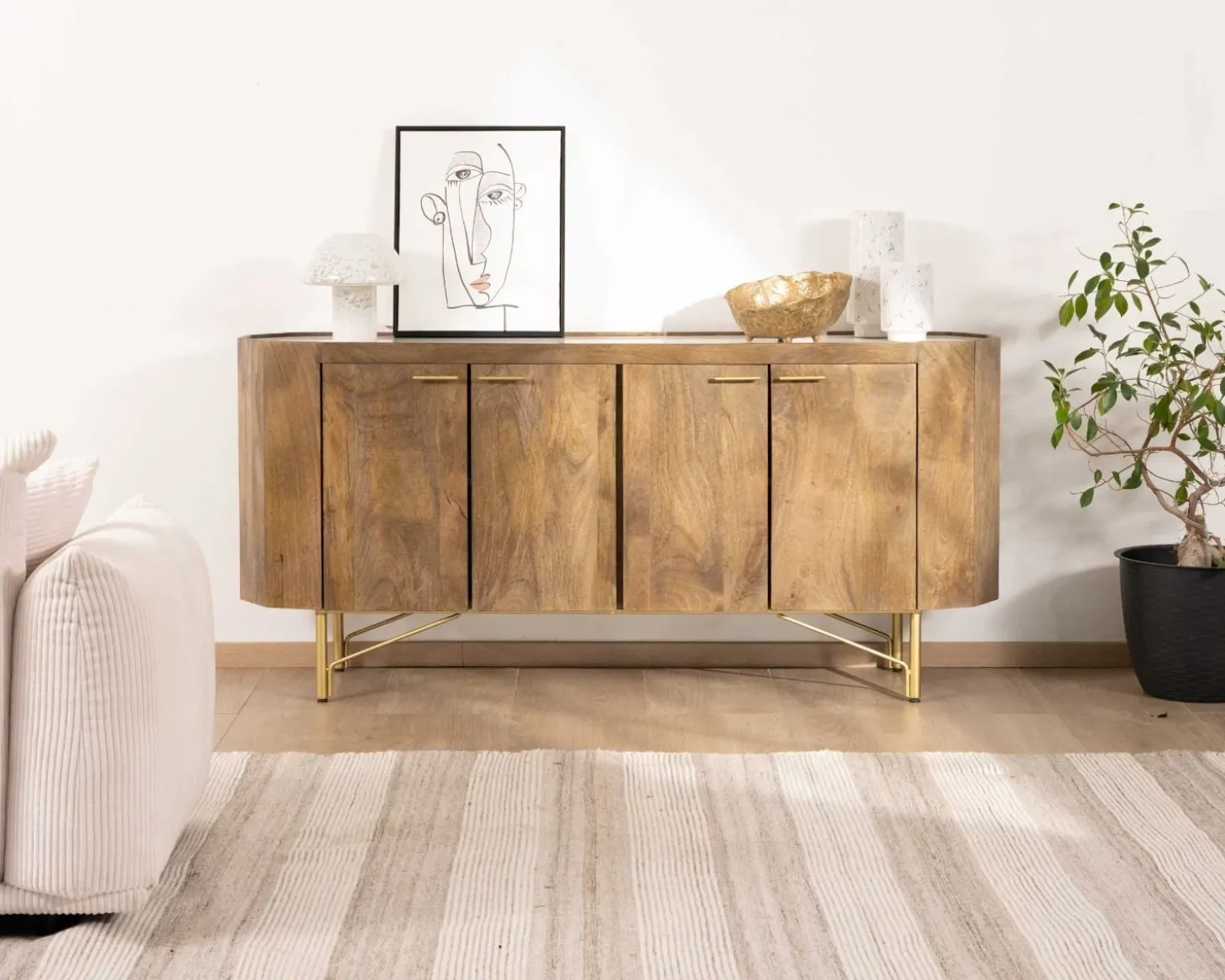 Buffet arrondi avec plateau en terrazzo blanc et pieds métal doré "Bruges"