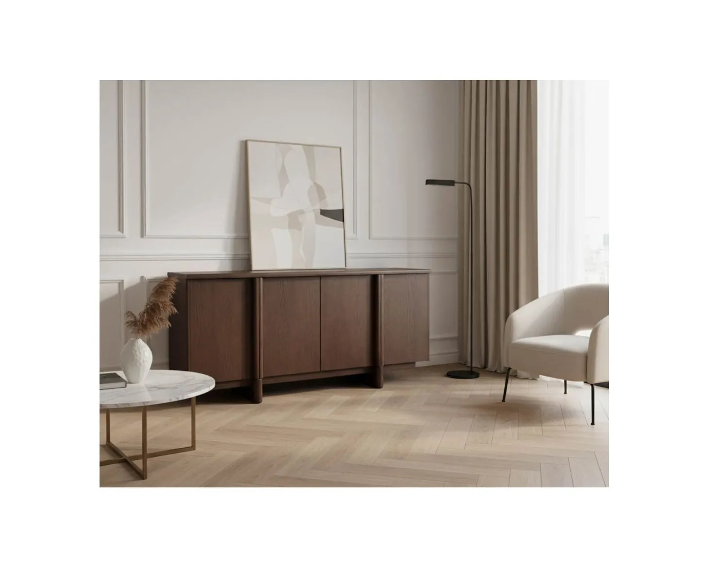 Buffet bas 4 portes esprit japandi "Laumie" teinte foncée