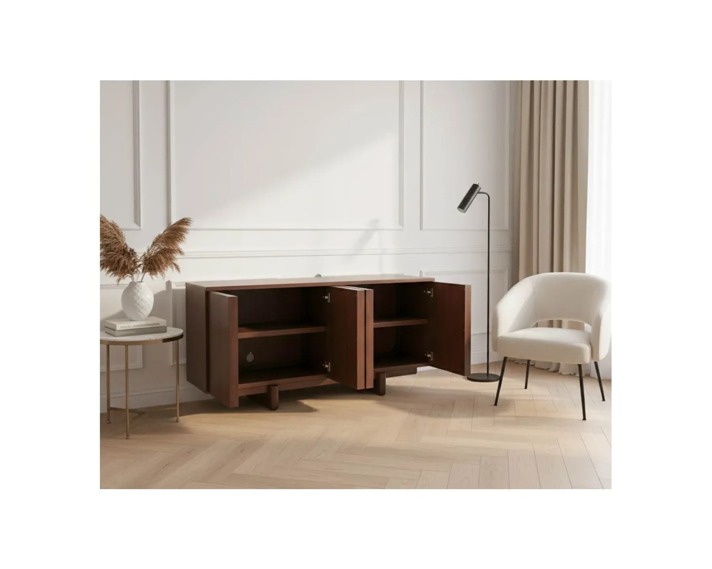 Buffet bas 4 portes esprit japandi "Laumie" teinte foncée