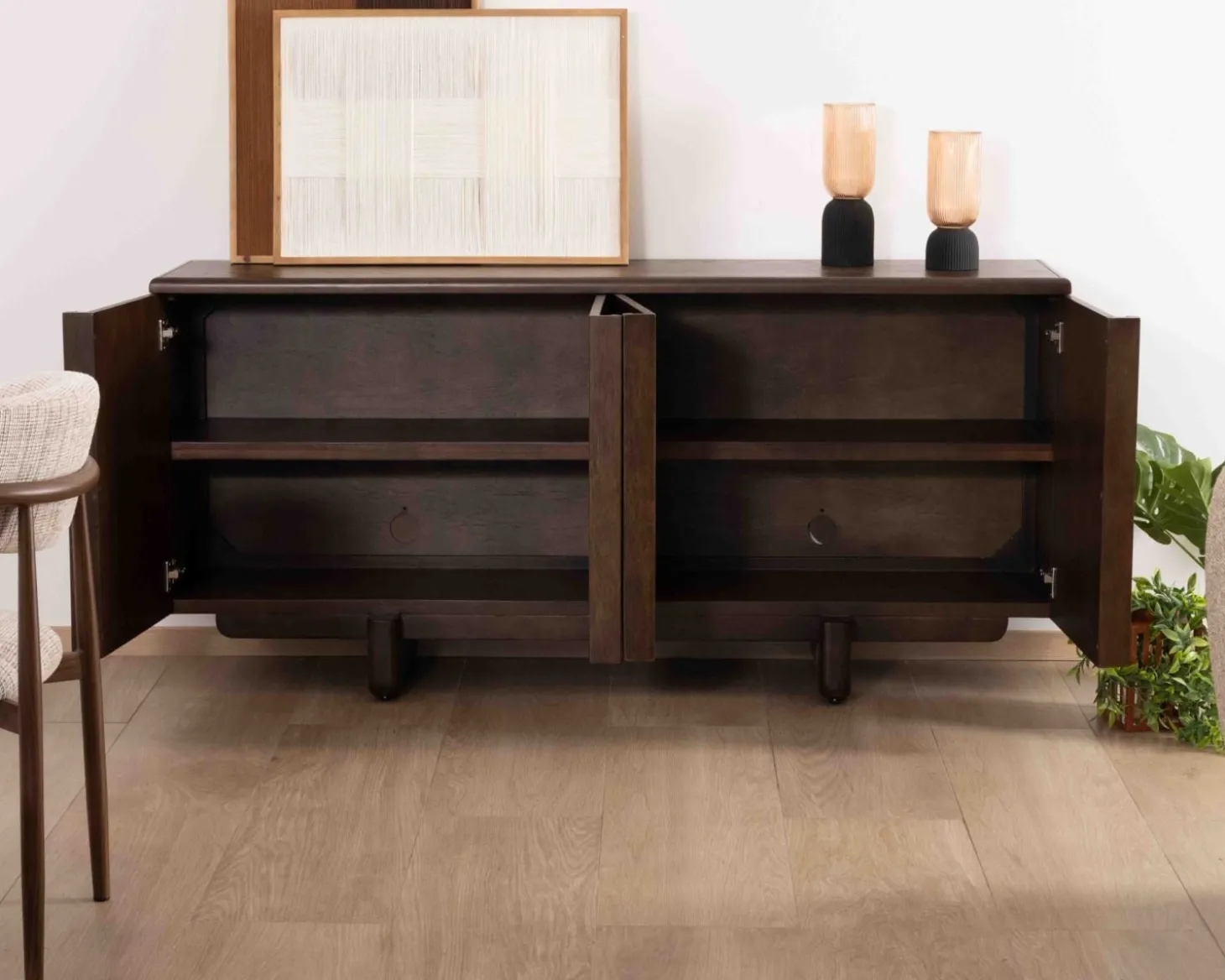 Buffet bas 4 portes esprit japandi "Laumie" teinte foncée