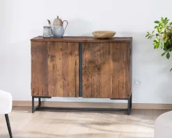 Buffet bas 2 portes style industriel rétro acacia et métal noir "Cachou Chic"