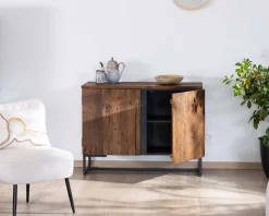 Buffet bas 2 portes style industriel rétro acacia et métal noir 