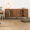 Buffet bas acacia massif et pieds métal noirs "Membatu" 175cm portes et tiroirs style ethnique