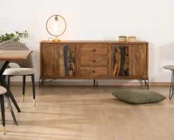 Buffet bas acacia massif et pieds métal noirs "Membatu" 175cm portes et tiroirs style ethnique