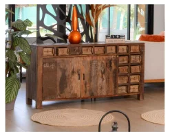 Buffet bas ethnique en bois exotique brut recyclé 150cm "Népalaise"