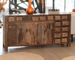 Buffet bas ethnique en bois exotique brut recyclé 150cm 