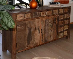 Buffet bas ethnique en bois exotique brut recyclé 150cm 