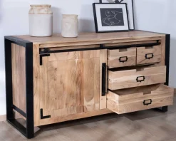 Buffet bas industriel en bois d’acacia naturel et métal "Montréal"