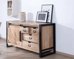 Buffet bas industriel en bois d’acacia naturel et métal 