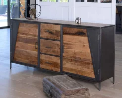Buffet bas industriel métal gris et bois de manguier massif 