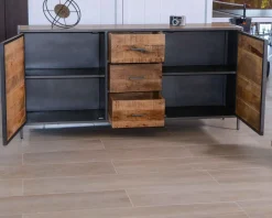 Buffet bas industriel métal gris et bois de manguier massif 