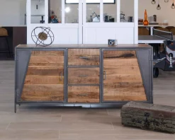 Buffet bas industriel métal gris et bois de manguier massif 