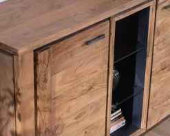 Buffet contemporain 150cm en acacia 2 portes et étagères vitrées "Fantaisie"