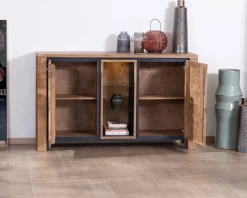 Buffet contemporain 150cm en acacia 2 portes et étagères vitrées "Fantaisie"