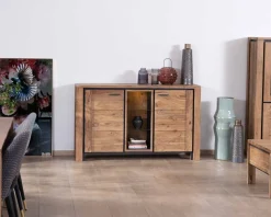Buffet contemporain 150cm en acacia 2 portes et étagères vitrées 