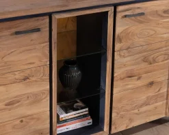 Buffet contemporain 150cm en acacia 2 portes et étagères vitrées 