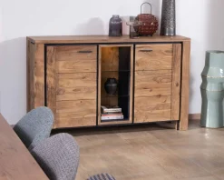 Buffet contemporain 150cm en acacia 2 portes et étagères vitrées 