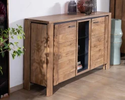 Buffet contemporain 150cm en acacia 2 portes et étagères vitrées 
