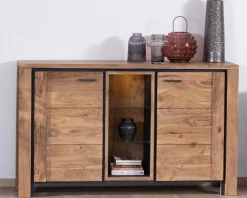 Buffet contemporain 150cm en acacia 2 portes et étagères vitrées 