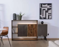 Buffet design bois massif avec LED et décor métal et ciment "Mezzo"