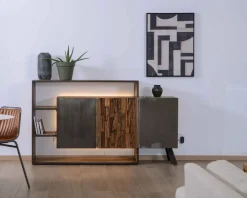 Buffet design bois massif avec LED et décor métal et ciment 