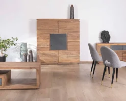 Buffet haut avec éclairage LED en acacia massif et placage pierre "Paguera"