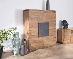 Buffet haut avec éclairage LED en acacia massif et placage pierre 