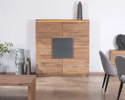 Buffet haut avec éclairage LED en acacia massif et placage pierre 