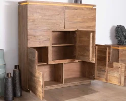 Buffet haut avec éclairage LED en acacia massif et placage pierre 
