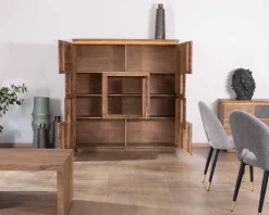 Buffet haut avec éclairage LED en acacia massif et placage pierre 