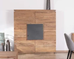 Buffet haut avec éclairage LED en acacia massif et placage pierre 