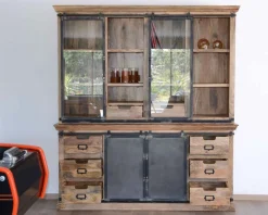 Buffet haut style atelier portes coulissantes métal bois massif "Haden"