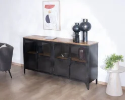 Buffet industriel vitré en métal et bois exotique 180 cm "Dowtoun"