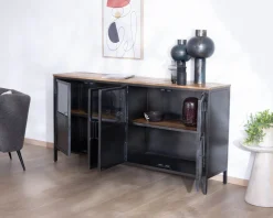 Buffet industriel vitré en métal et bois exotique 180 cm "Dowtoun"