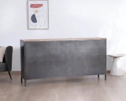 Buffet industriel vitré en métal et bois exotique 180 cm