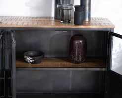 Buffet industriel vitré en métal et bois exotique 180 cm