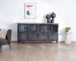 Buffet industriel vitré en métal et bois exotique 180 cm