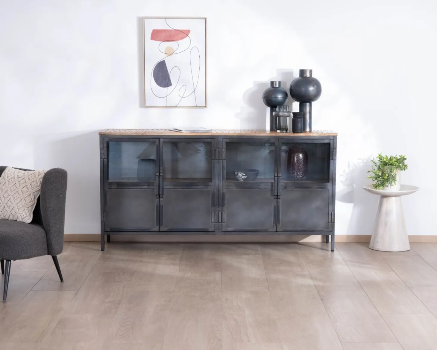 Buffet industriel vitré en métal et bois exotique 180 cm "Dowtoun"