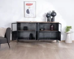 Buffet industriel vitré en métal et bois exotique 180 cm
