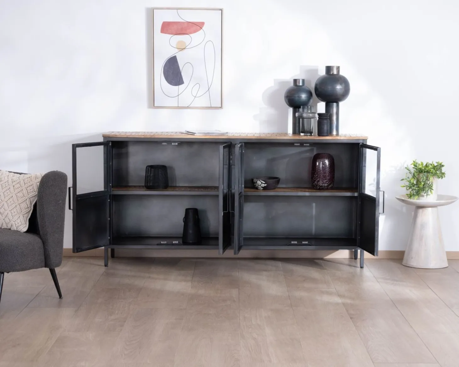 Buffet industriel vitré en métal et bois exotique 180 cm "Dowtoun"