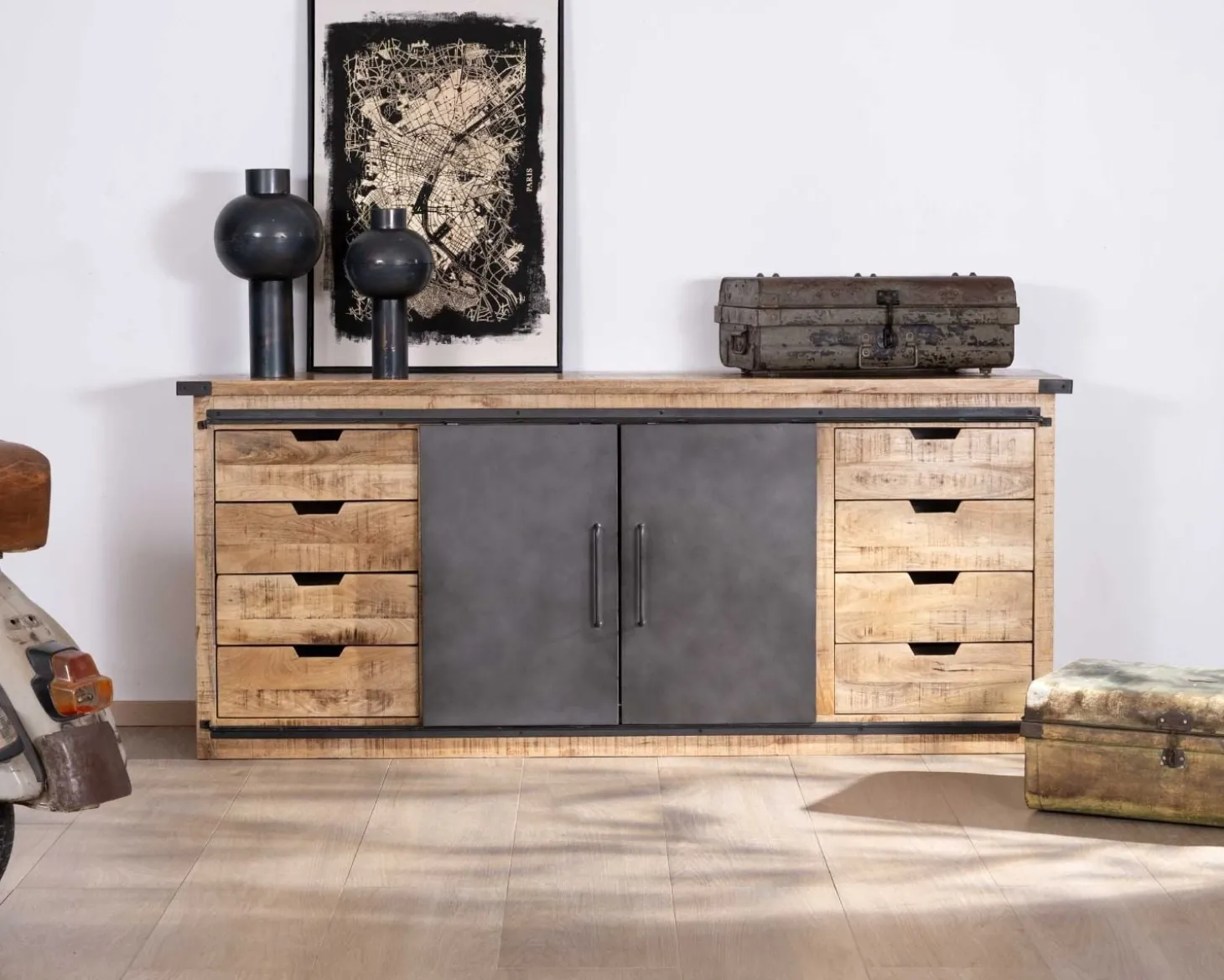 Buffet métal et bois 200cm portes coulissantes "Caractère"