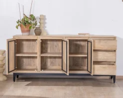 Buffet épuré en manguier massif 180 cm 3 portes et tiroirs 