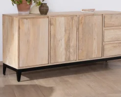 Buffet épuré en manguier massif 180 cm 3 portes et tiroirs 