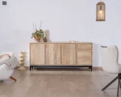 Buffet épuré en manguier massif 180 cm 3 portes et tiroirs 