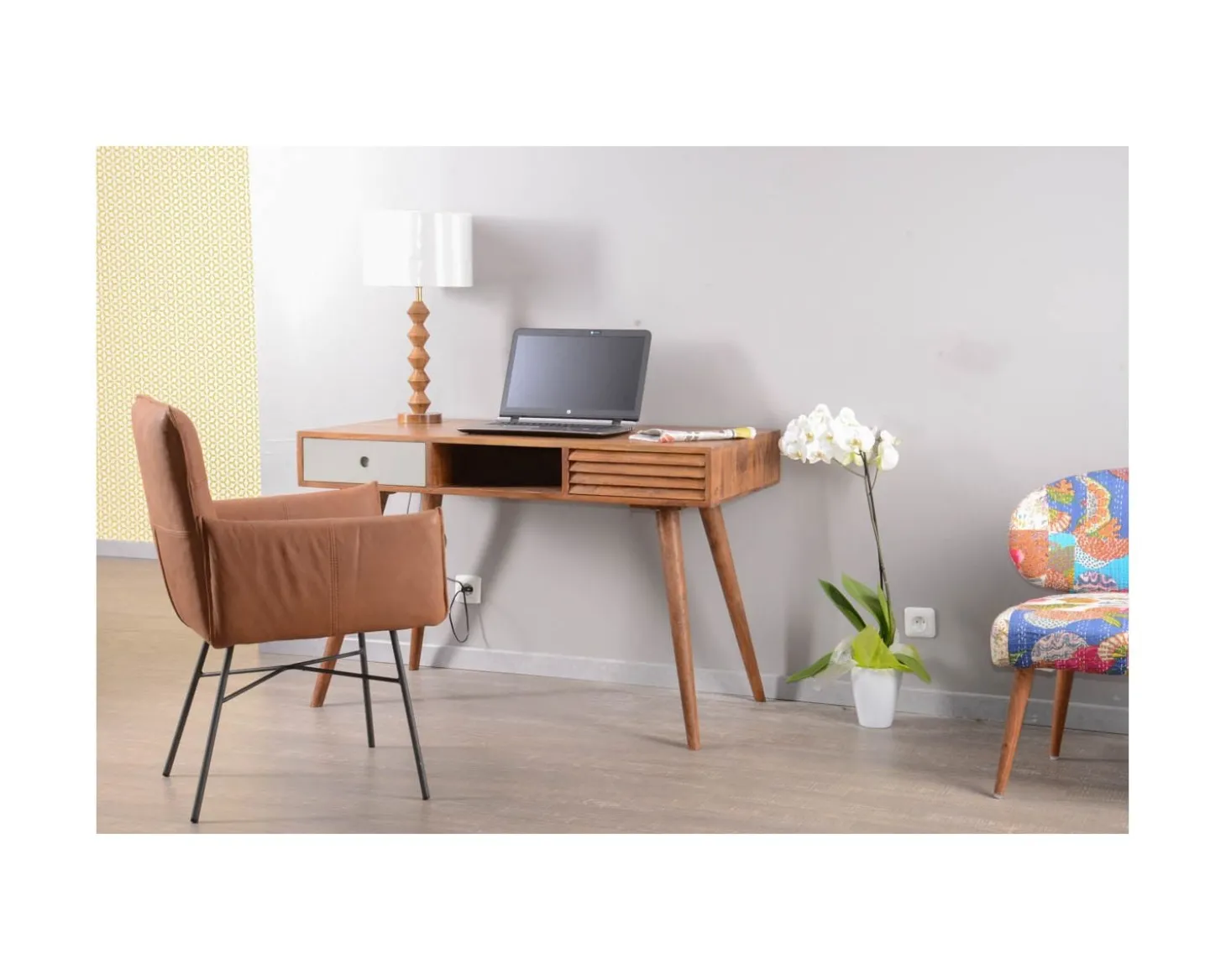 Bureau vintage en palissandre tiroirs gris et bois "Vintage grey"