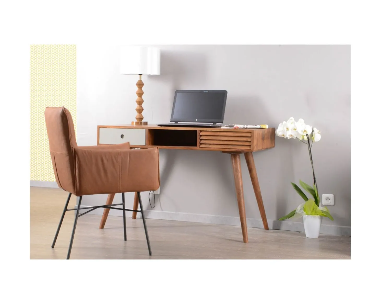 Bureau vintage en palissandre tiroirs gris et bois "Vintage grey"