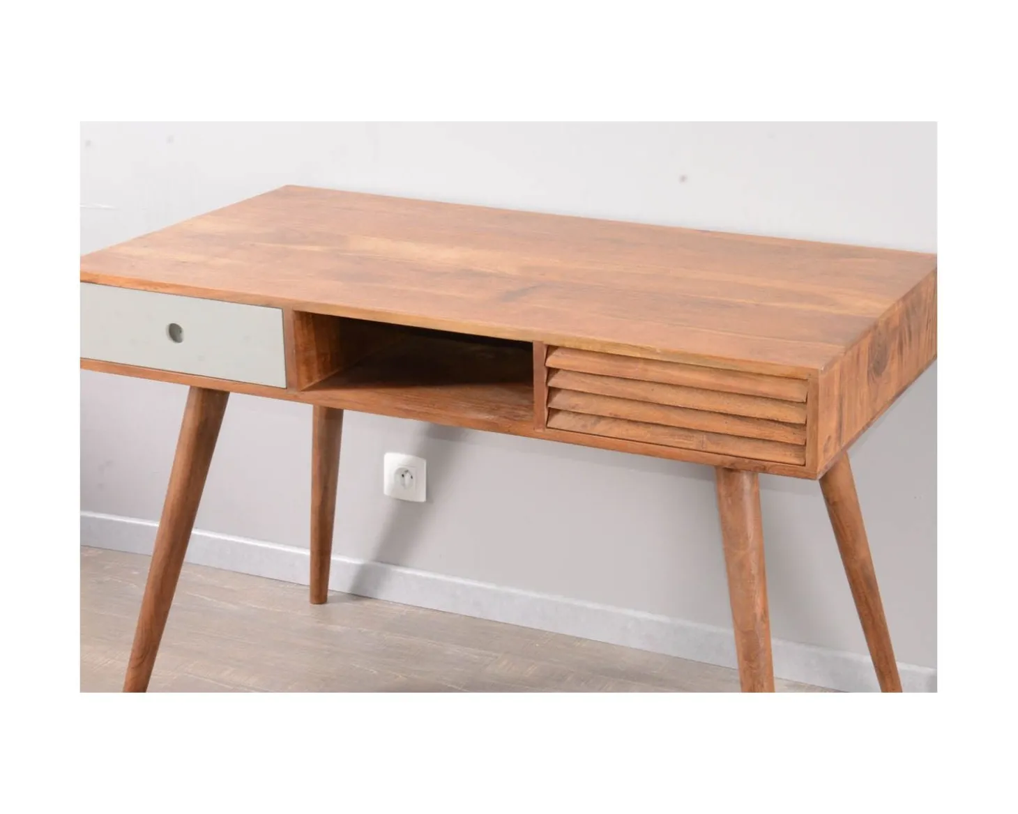 Bureau vintage en palissandre tiroirs gris et bois "Vintage grey"
