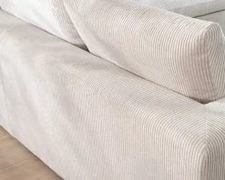 Canapé 3 places avec pouf ottoman carré en velours côtelé gris chaud 