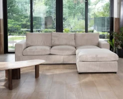 Canapé 3 places avec pouf ottoman carré en velours côtelé gris chaud 