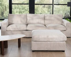 Canapé 3 places avec pouf ottoman carré en velours côtelé gris chaud 